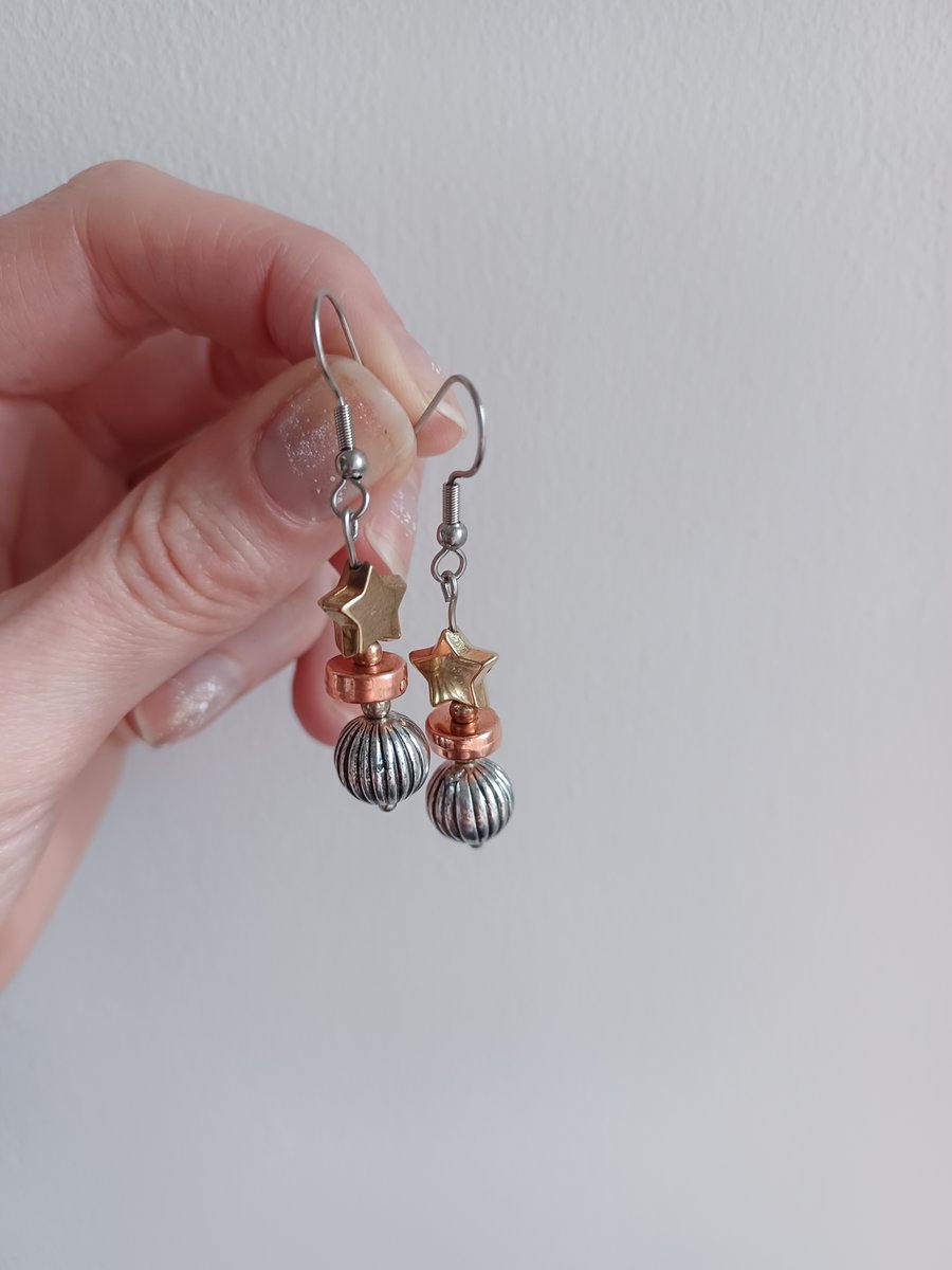 Mixed metal tri colour bead drop earrings 