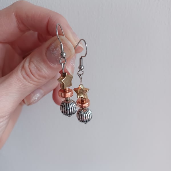 Mixed metal tri colour bead drop earrings 