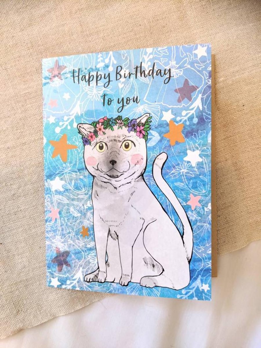 Happy Birthday to You Mario the Cat Illustrated Card - Illustration - Cats 