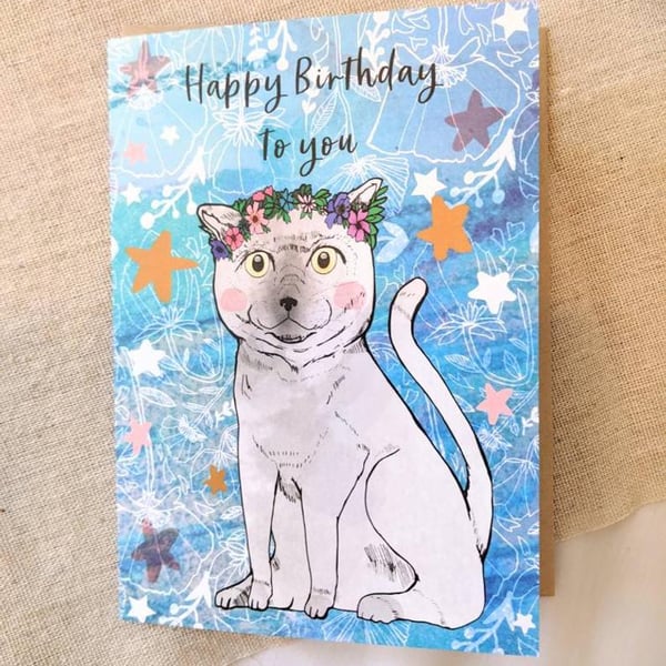 Happy Birthday to You Mario the Cat Illustrated Card - Illustration - Cats 