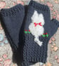 Navy blue mittens with a cat on and added flower embroidery - Image 3