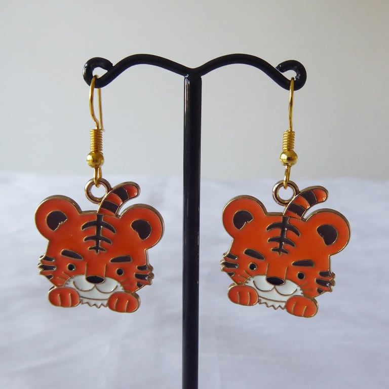 Whimsical Enamelled Tiger with Gold Plated Earrings. 