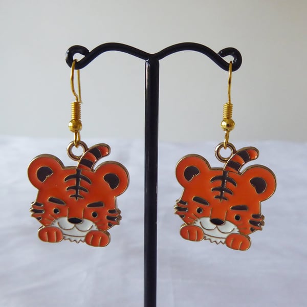 Whimsical Enamelled Tiger with Gold Plated Earrings. 