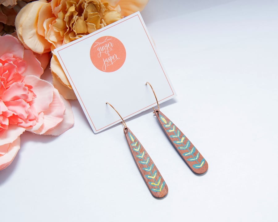 Hand Painted Wooden Dangle Earrings, Wood Leaf Earrings, Painted Leaves