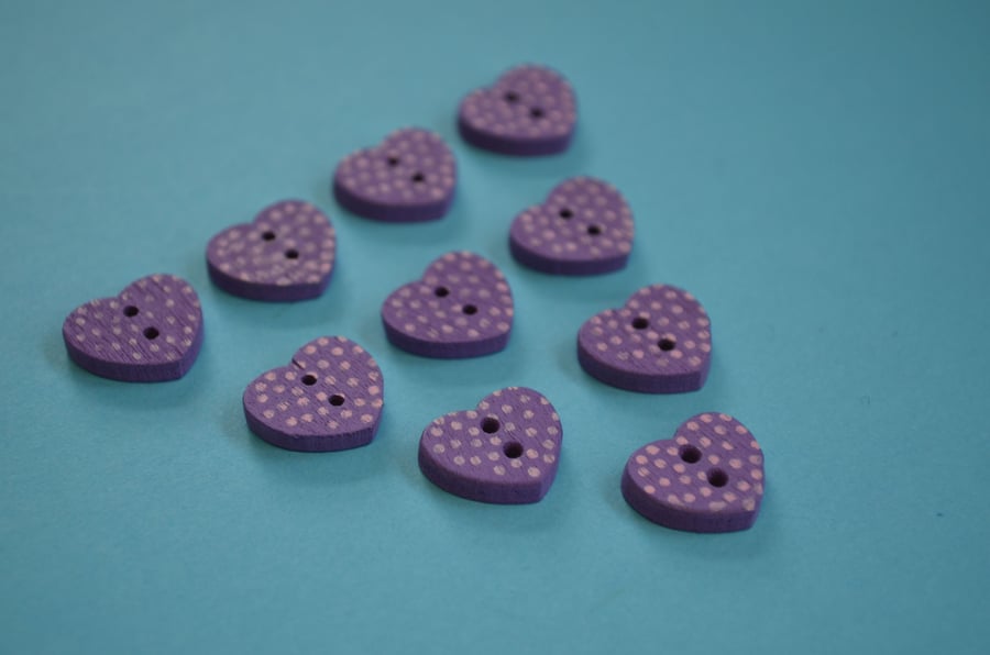Little Wooden Dotty Heart Buttons Purple 10pk Spotty Dot 13x15mm (WH8)