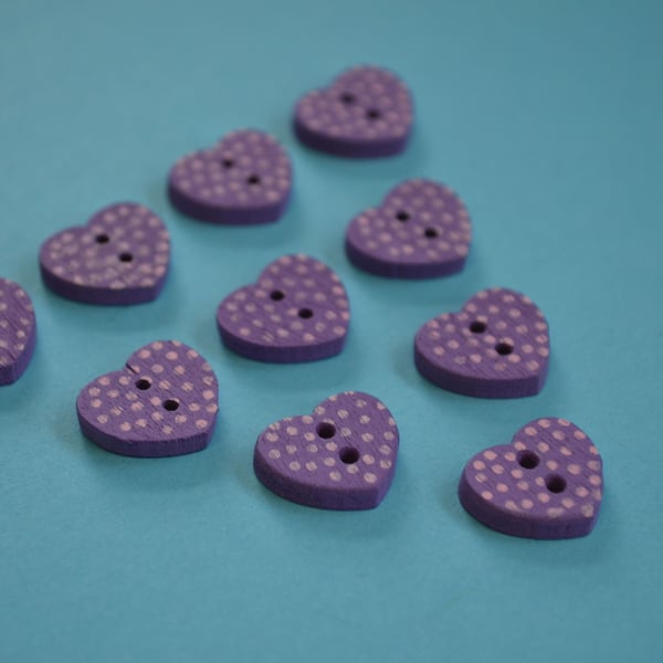 Little Wooden Dotty Heart Buttons Purple 10pk Spotty Dot 13x15mm (WH8)