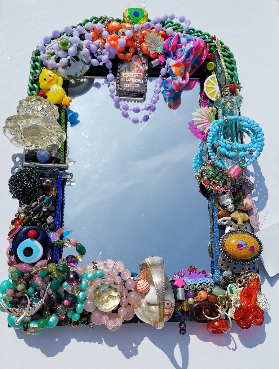 Affirmation mirror, quirky wall mirror, found objects mirror