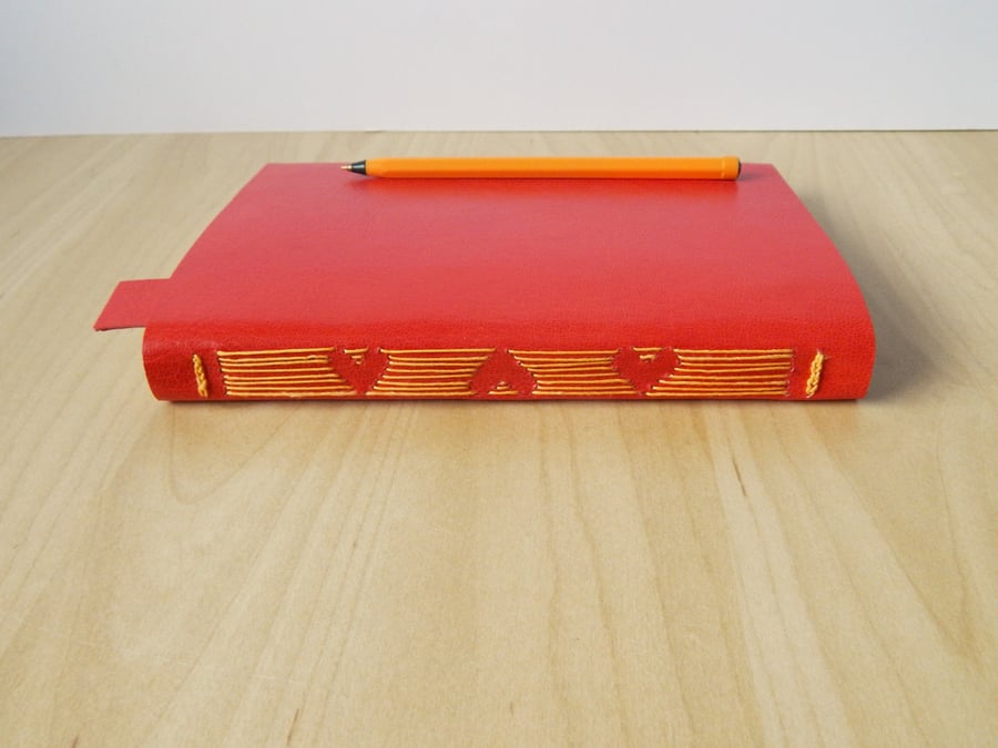 Red leather Hearts Journal, hearts stitching, gold feathers. Wedding Guest Book