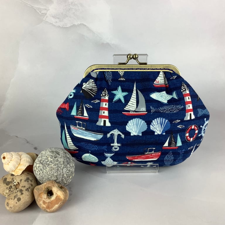 Seaside small clutch bag, Sailing makeup bag, Optional chain, Handmade