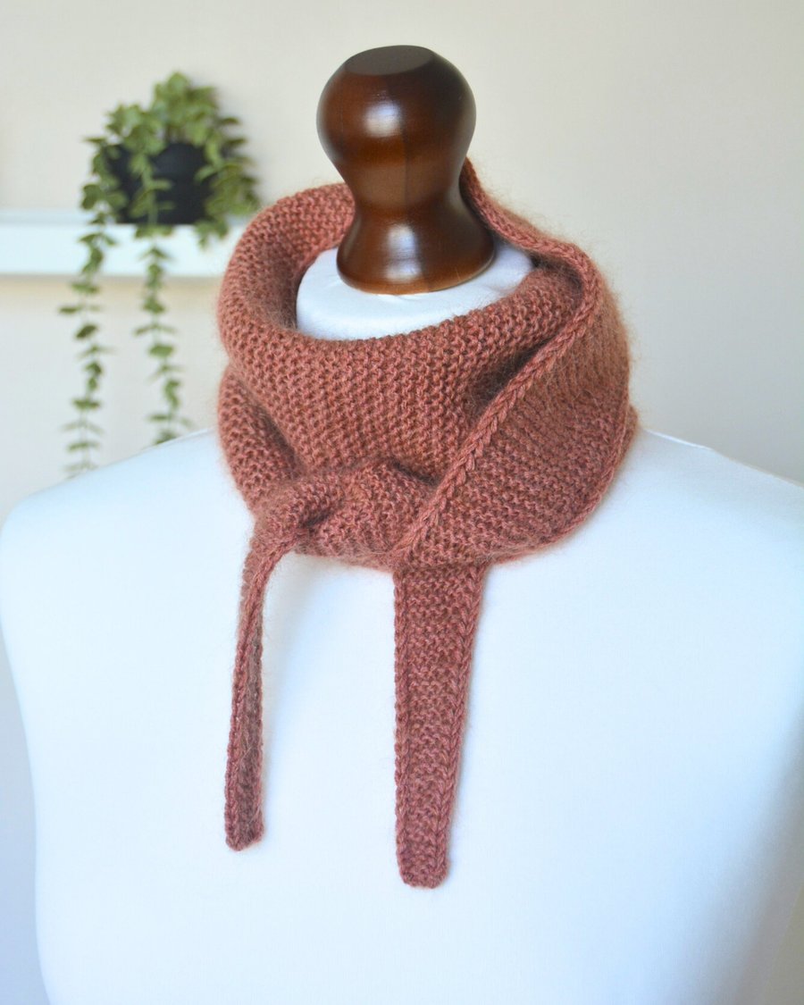 Knitted Scarf Small Triangle Scarflette Harmony Scarf Merino Silk Rusty Brown