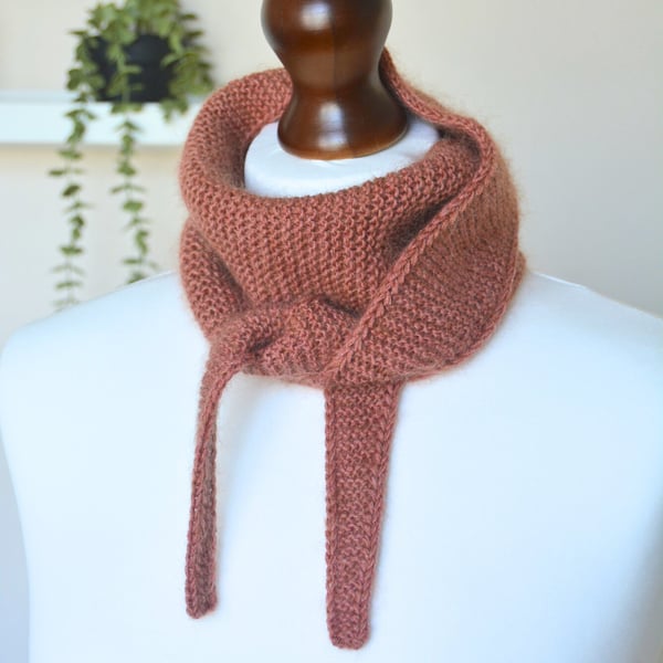 Knitted Scarf Small Triangle Scarflette Harmony Scarf Merino Silk Rusty Brown