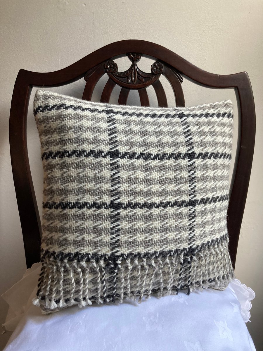 Angharad cushion: Ash grey 12” fringed. Handwoven in Wales