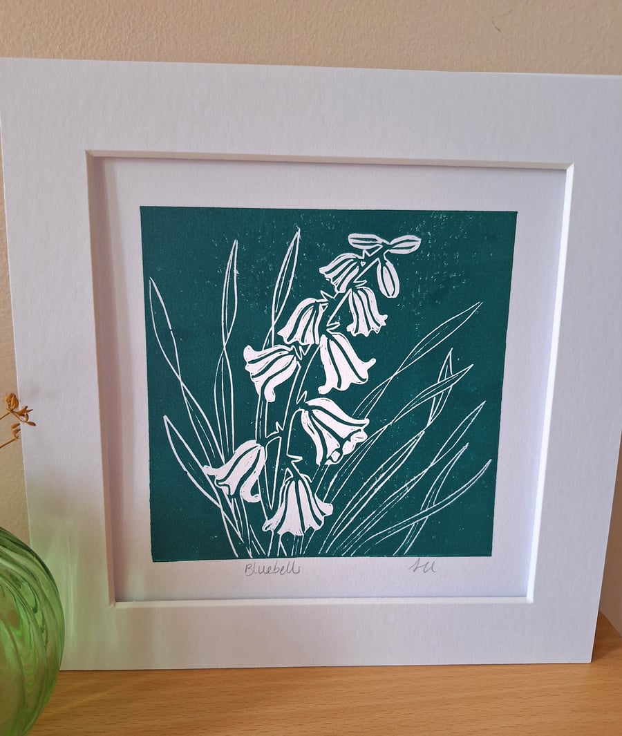 An original handprinted linoprint of bluebells.