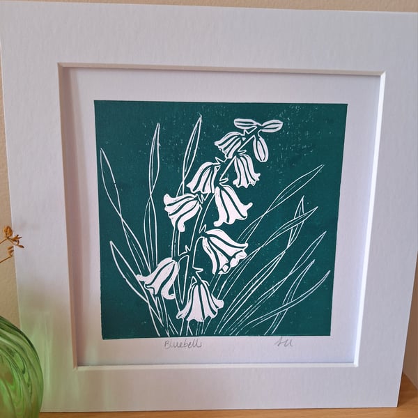 An original handprinted linoprint of bluebells.