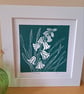 An original handprinted linoprint of bluebells.