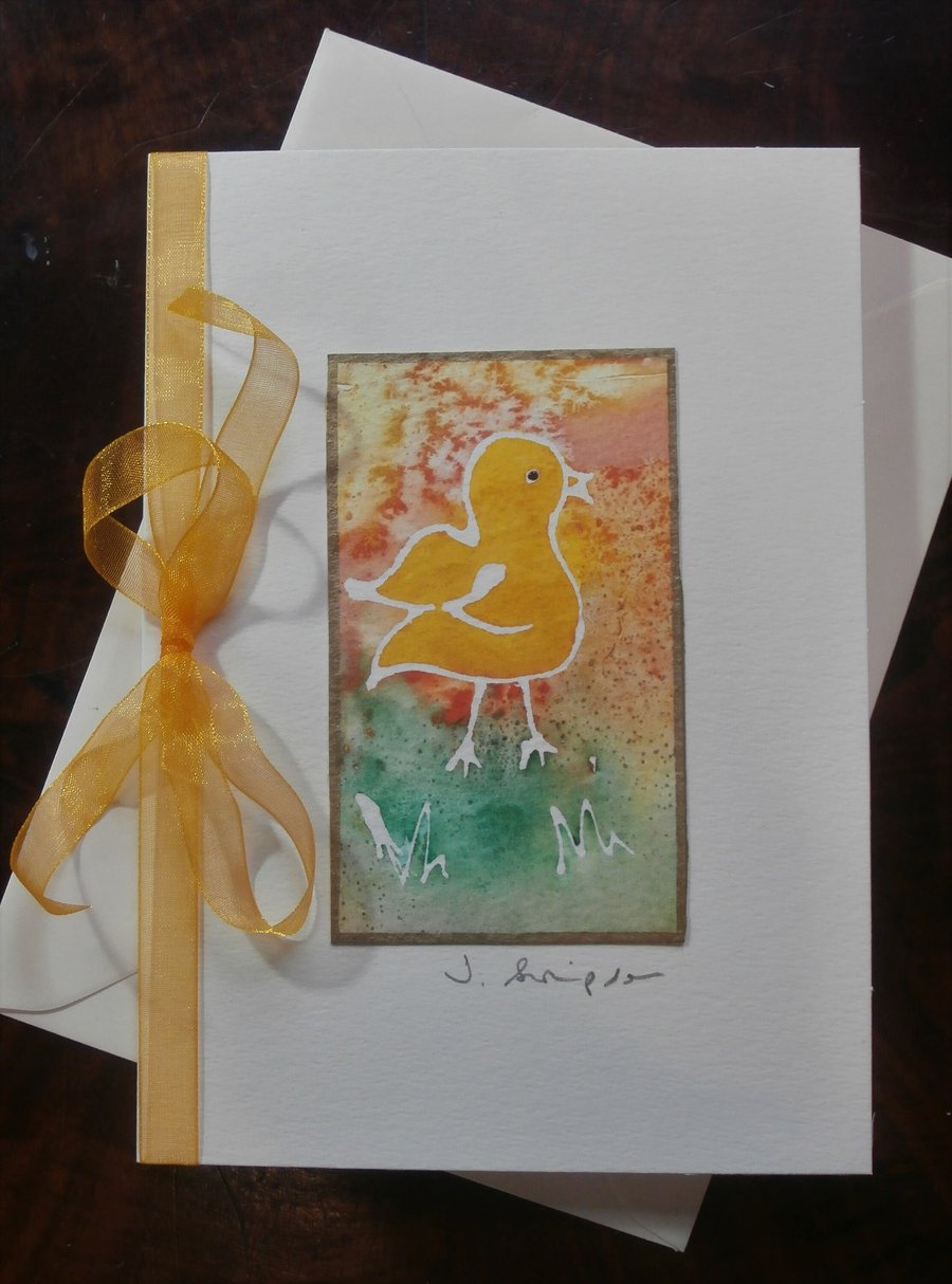 Hand painted (not printed) watercolour card. Easter card, Easter chicken card. 