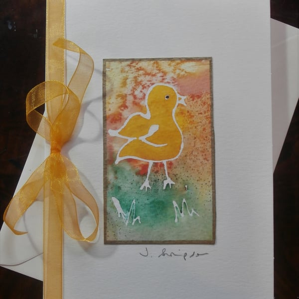 Hand painted (not printed) watercolour card. Easter card, Easter chicken card. 