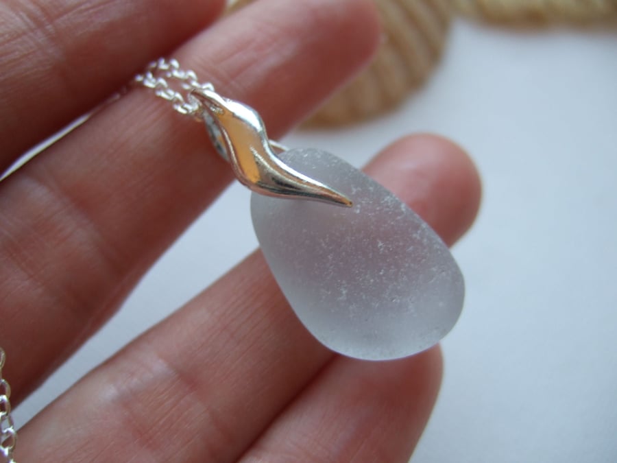 Scottish light grey sea glass pendant, wave shaped sterling bail, gray sea glass