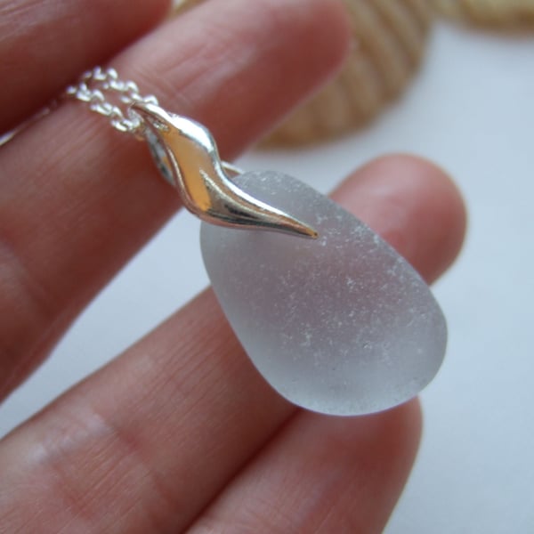 Scottish light grey sea glass pendant, wave shaped sterling bail, gray sea glass