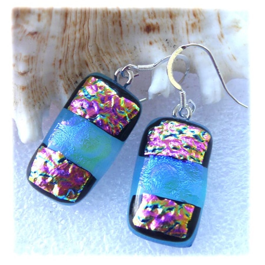 Handmade Fused Dichroic Glass Earrings T022 Purple Glitter Aqua Band