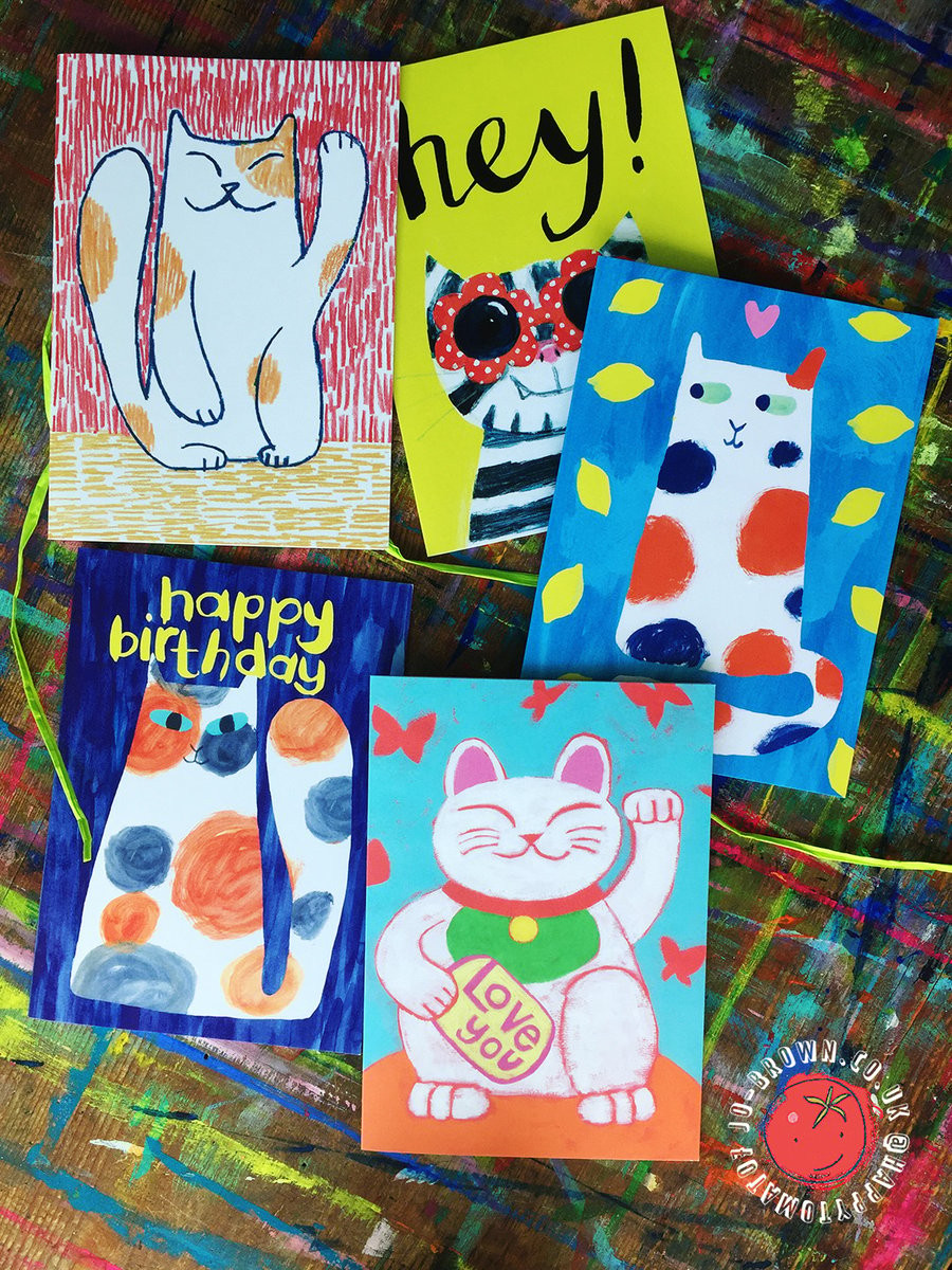 Cat lover Pack of 3 Cat Cards by Jo Brown happy tomato