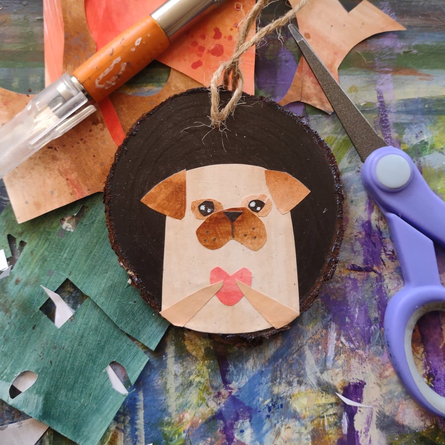 Pug Dog Wood Slice - Handmade Hanging Decoration