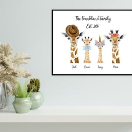 Giraffe Family Name Print, Personalised for family and friends