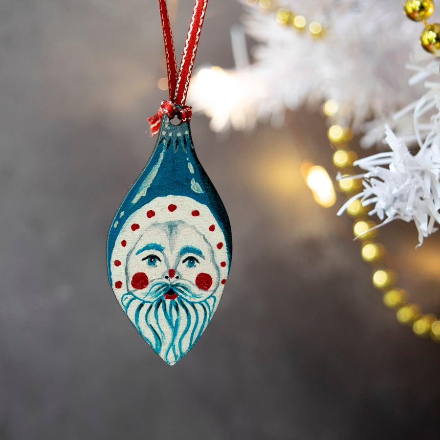 Mini wooden father frost Christmas hanging ornament- double sided. 
