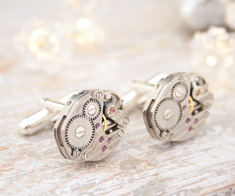 Modern Cufflinks with Steampunk watch movements and Sterling Silver, Xmas Gifts 