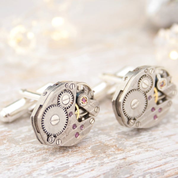 Modern Cufflinks with Steampunk watch movements and Sterling Silver, Xmas Gifts 