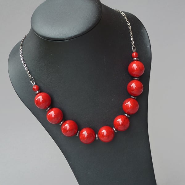 Chunky Bright Red Beaded Necklace - Red Statement Jewellery for Women - Gifts