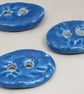 3 Medium Oval Cornflower Blue Leaf Pattern Ceramic Buttons - Image 2