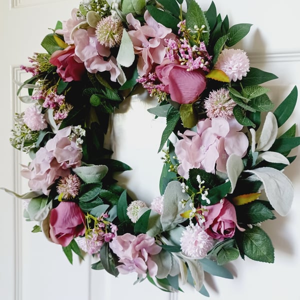 Handmade Pink Rosebud Door Wreath - Artificial Floral Wreath