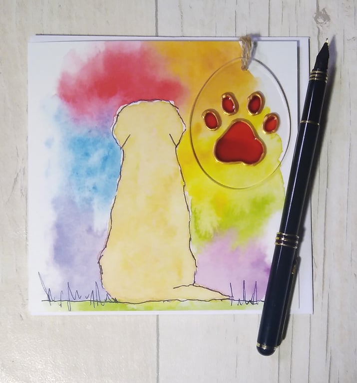 Golden Retriever sympathy card and paw print sun catcher. Printed card.