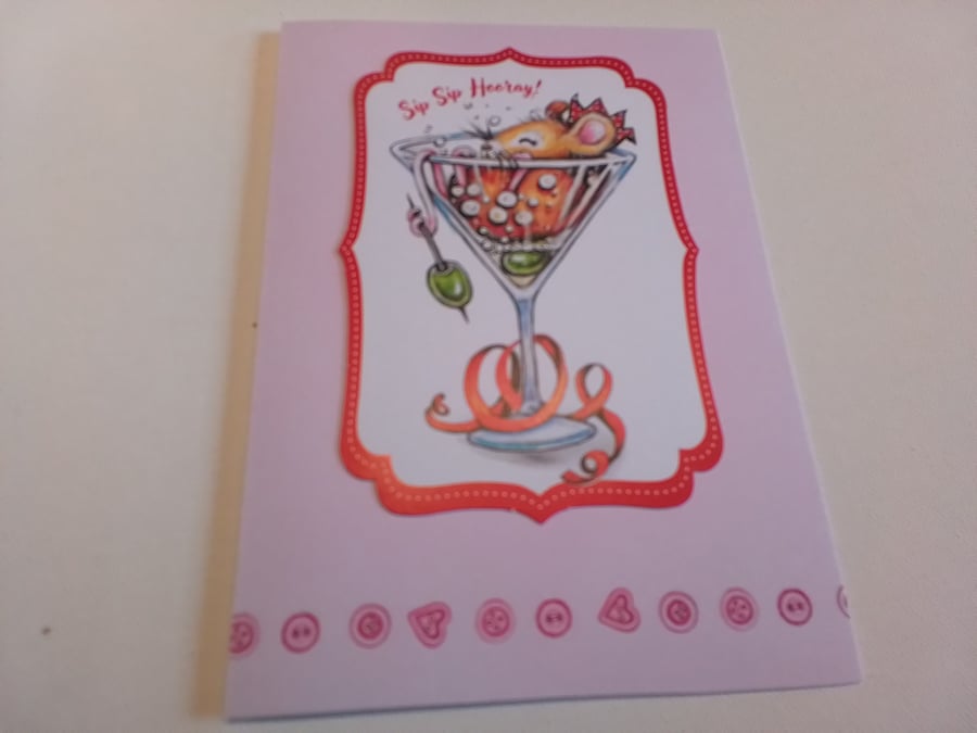 Birthday card. Ready to celebrate.  Cocktail. Mouse. Ref 097
