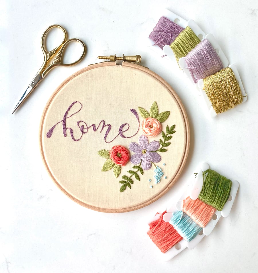 Home, Handmade Embroidery Hoop with Flower Design, Personalised Embroidery