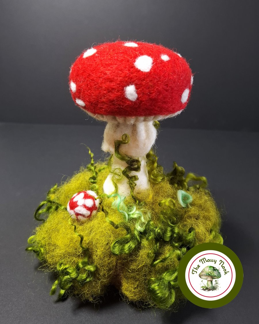 Toadstools on Mossy Mound. Needle Felted with Natural Wool Fibres. 