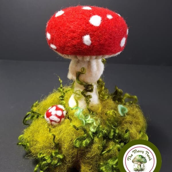 Toadstools on Mossy Mound. Needle Felted with Natural Wool Fibres. 