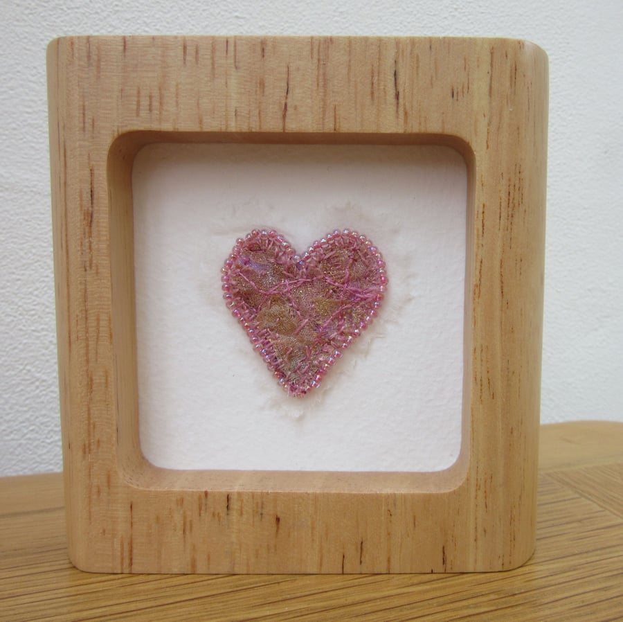 PINK HEART PICTURE. Heart with beads. Fabric heart