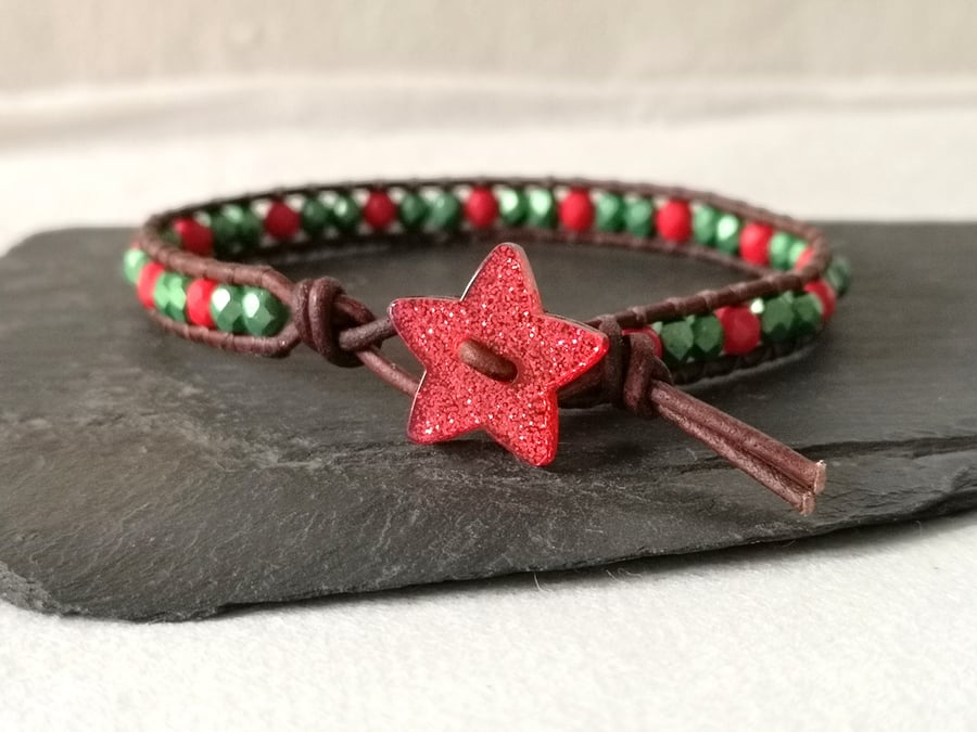Red and green festive leather bracelet with glittery star button fastener 
