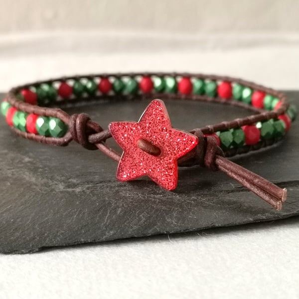 Red and green festive leather bracelet with glittery star button fastener 
