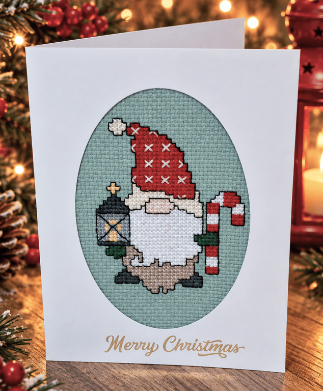 Handmade Cross Stitch Christmas Gonk Card with Lantern & Candy Cane – 6 x 4 Inch