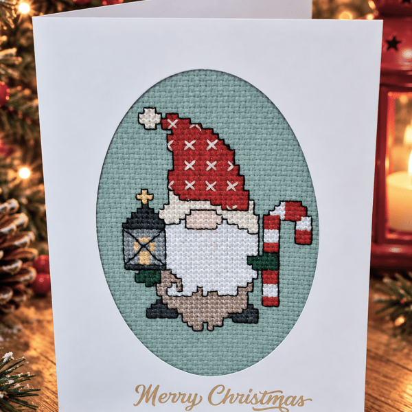 Handmade Cross Stitch Christmas Gonk Card with Lantern & Candy Cane – 6 x 4 Inch