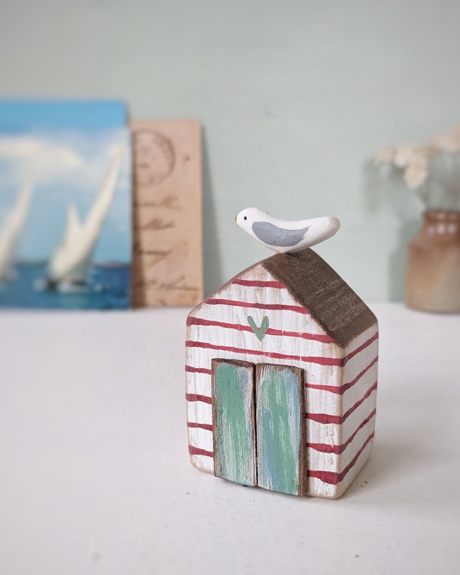 Hand Painted Wooden Beach Hut with Seagull 