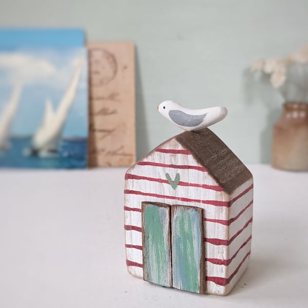 Hand Painted Wooden Beach Hut with Seagull 
