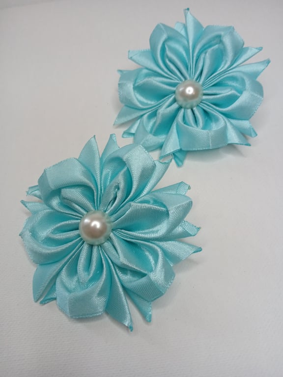 Handmade Satin Ribbon Flower Hair Clips - Pale Blue Pigtail Bows 