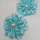 Handmade Satin Ribbon Flower Hair Clips - Pale Blue Pigtail Bows 