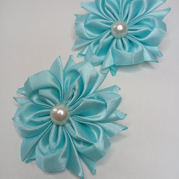 Handmade Satin Ribbon Flower Hair Clips - Pale Blue Pigtail Bows 