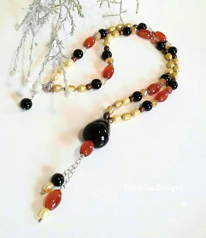 Designer Long Freshwater Pearl, Carnelian, Black Onyx Necklace Sterling Silver 