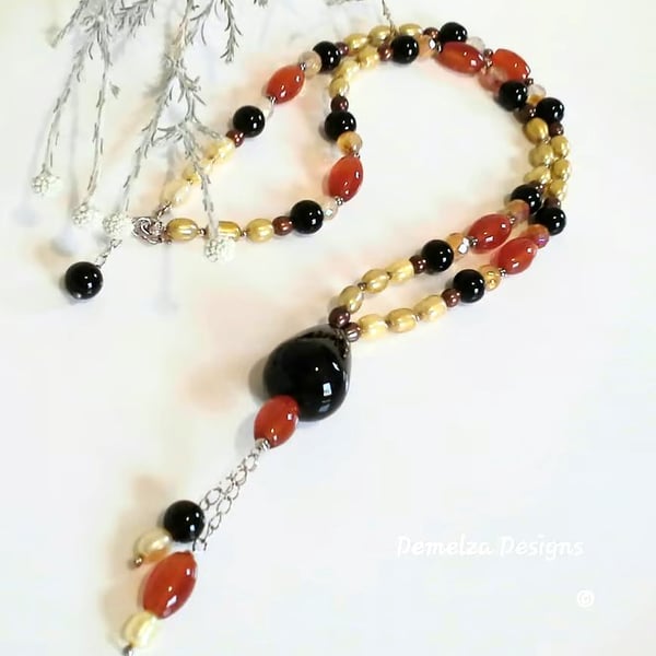 Designer Long Freshwater Pearl, Carnelian, Black Onyx Necklace Sterling Silver 